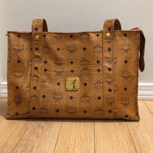 MCM tan Leather Visetos Zippered Tote Bag